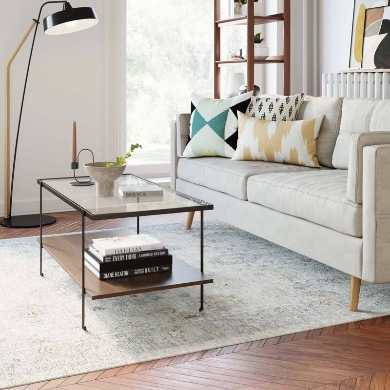 Nathan James Asher Mid-Century Coffee Table Glass Top Oak Shelf