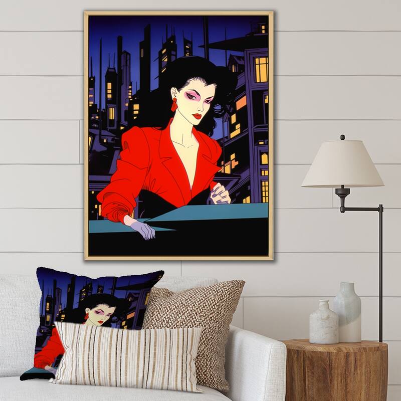 Designart "Pop Art Nightlife Diva I" Woman Pop Art Framed Wall Art Living Room - 24 in. wide x 32 in. high - Natural