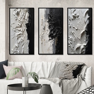 Designart "White And Black Tranquility Unleashed III" Abstract Marble Framed Wall Art Set Of 3 For Office Decor