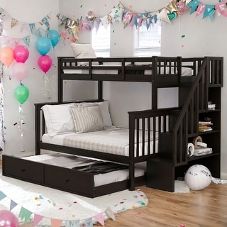 Twin Over Full Bunk Bed with Twin size Trundle,GuardRail