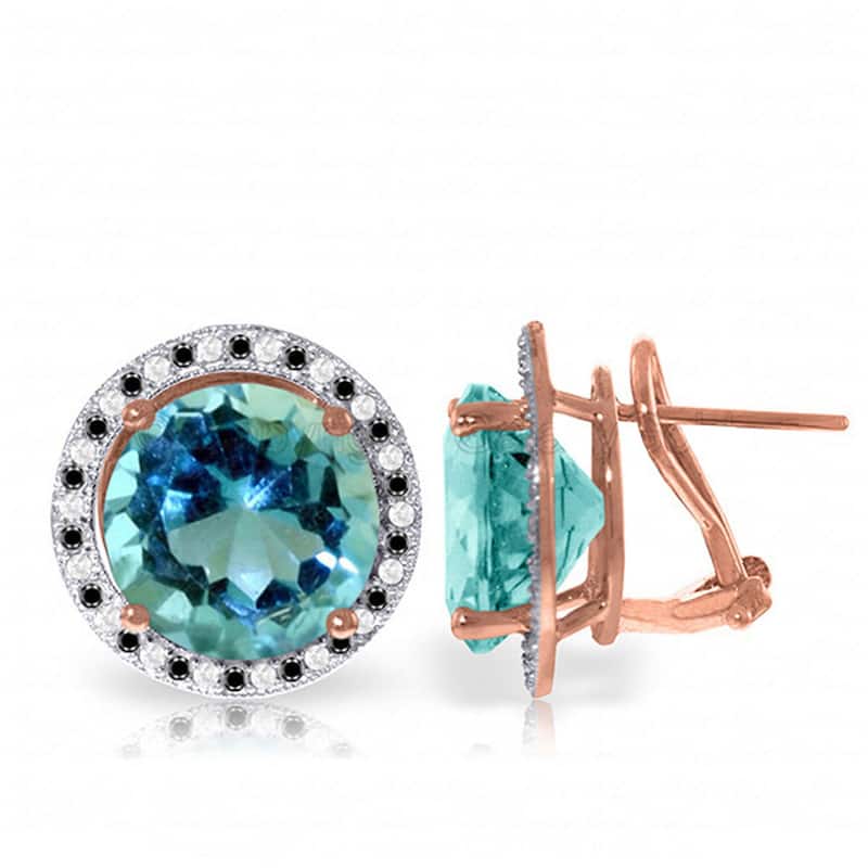 14K Solid Gold Stud Earrings Black / White Diamonds & Blue Topaz - Rose