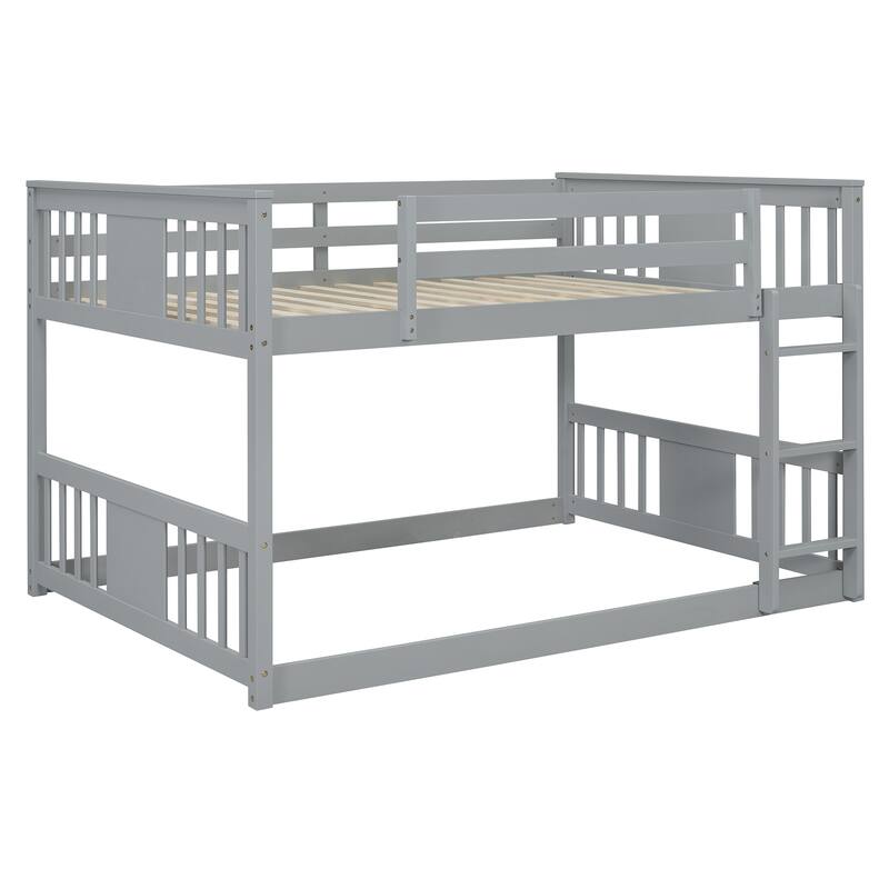 Full Over Full Bunk Bed with Ladder and Gray Solid Wood, 300lb Capacity, Space-Saving Design