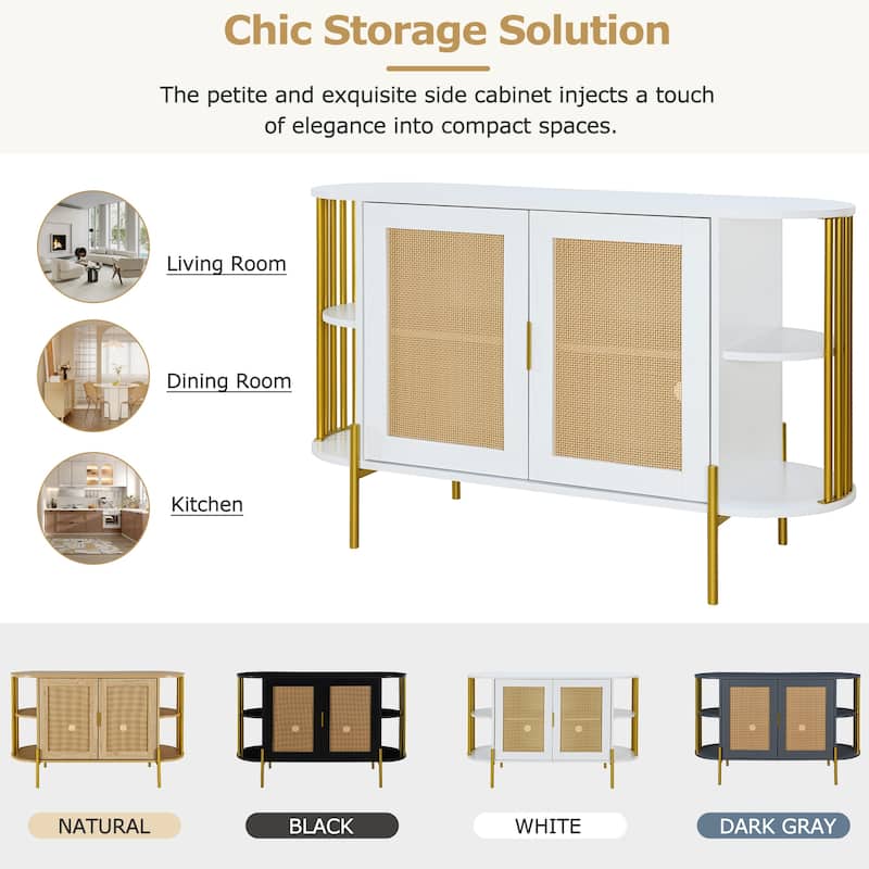 2-Door Storage Cabinet with Woven Rattan Doors, Buffet Sideboard with Gold Trim, Console Table with Curved Open Shelves