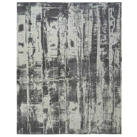 Shahbanu Rugs Black Tone On Tone Modern Design Jacquard Hand Loomed Wool and Plant Based Silk Oriental Oversized Rug (12'x15')