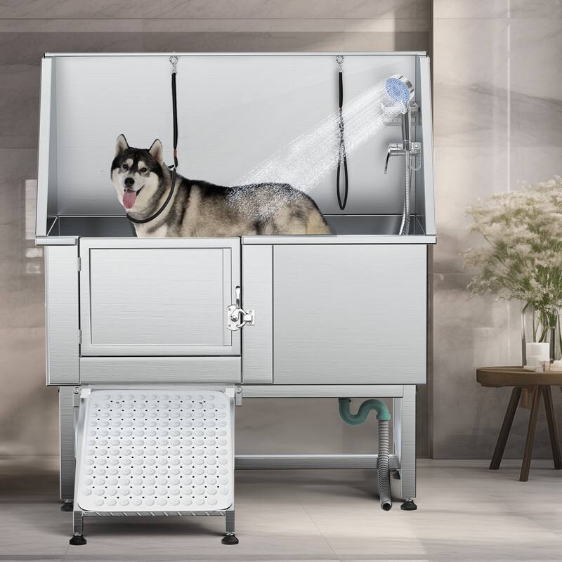 50'' W Stainless Steel Adjustable Pet Grooming Tub with Steps Ramp - Left Door & Steps Ramp