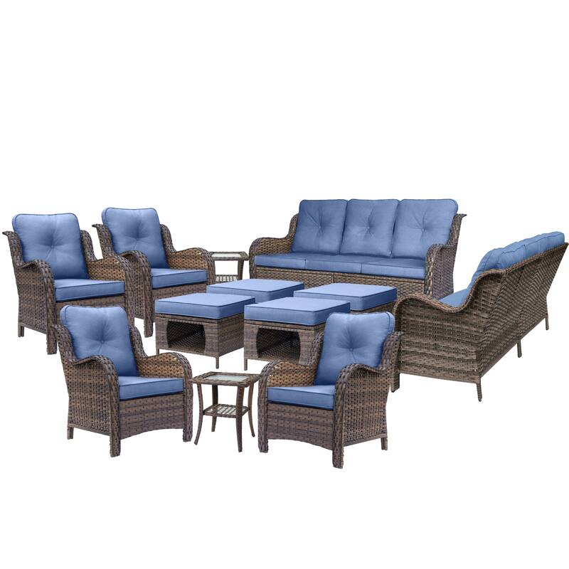 Brown Wicker Outdoor Patio Furniture Sofa Set with Denim Blue Cushions