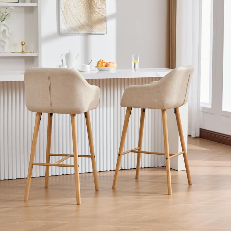 Modern Bar Stools Set of 2, Kitchen Island Tall Chairs with Back, Arm, Footrest and Solid Wood Leg, Upholstered Bar Stools