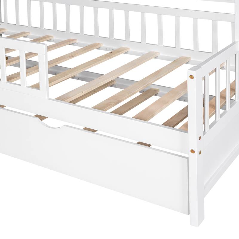 Cute Wooden Twin or Full House Bed with Trundle, Kids Bed Wood Platform Bed Frame with Safety Guardrail & Storage Shelf