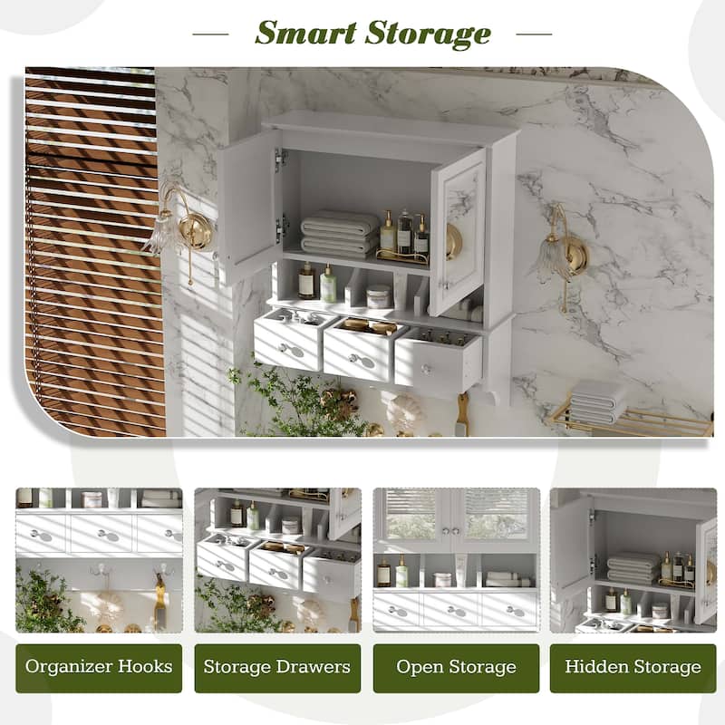 Anmytek 24 Inch 4 in 1 Bathroom Mirror Cabinet Wall Mounted Medicine Cabinet with Drawers and Organizer Hooks