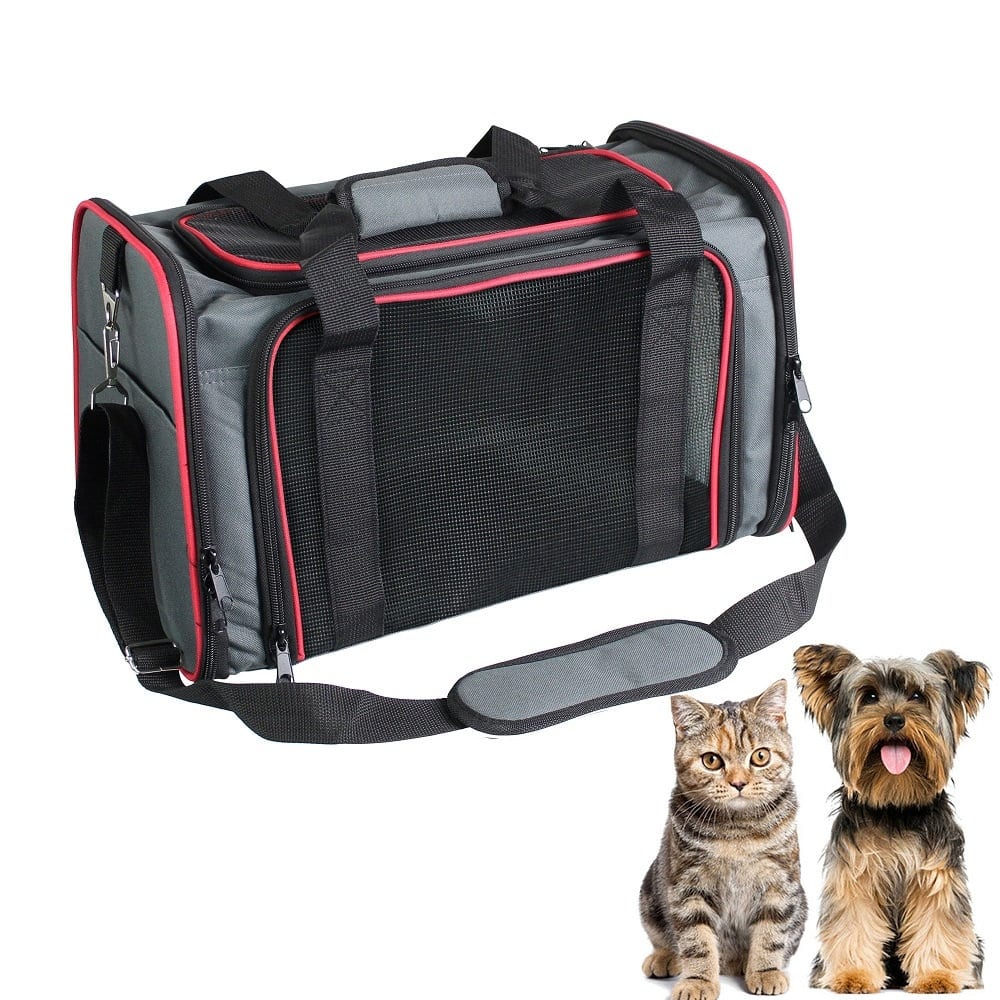 Soft-Sided Airline-Approved Travel Dog & Cat Carrier Bag - Gray/Red - 17"