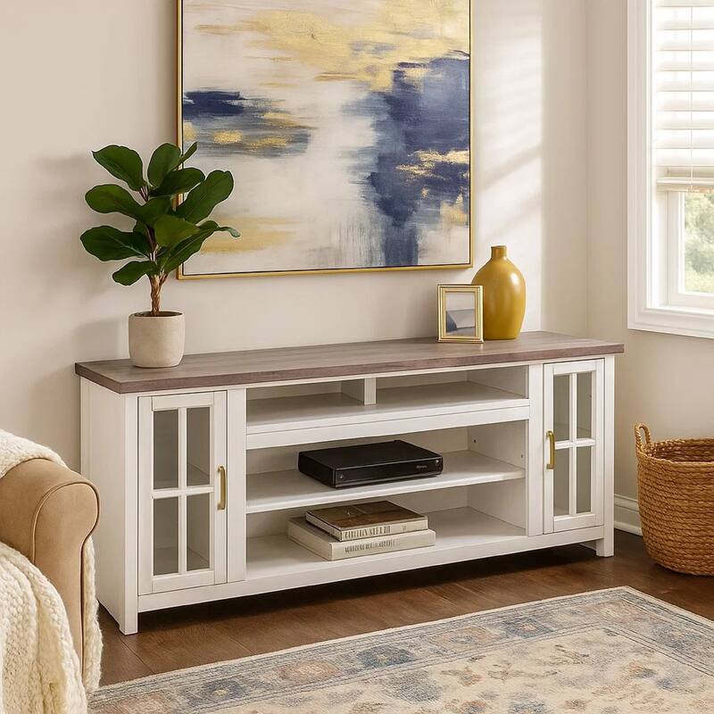 Leyla TV Stand Media Cabinet, 2 Doors and Shelves, White Wood 76 Inch