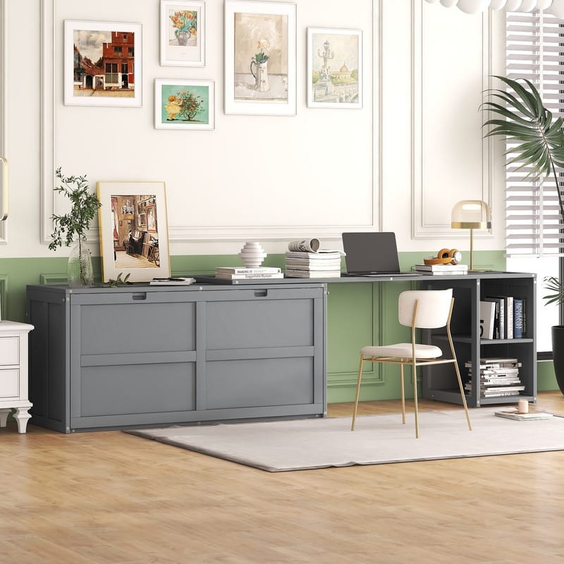 Queen Size Mobile Murphy Cube Cabinet Bed with Rotable Desk, Solid Wood Murphy Bed Chest Platform Murphy Bed for Guest Room