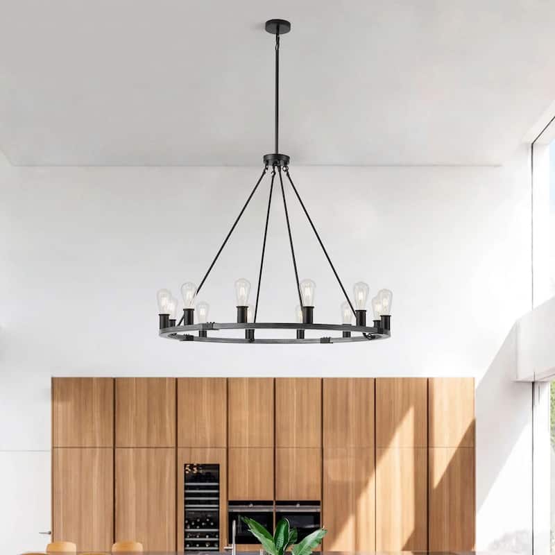 12-Lights Dimmable Farmhouse Style Wagon Wheel Chandelier - 39.4"D×4.7"W×76.8"H(Adjustable)