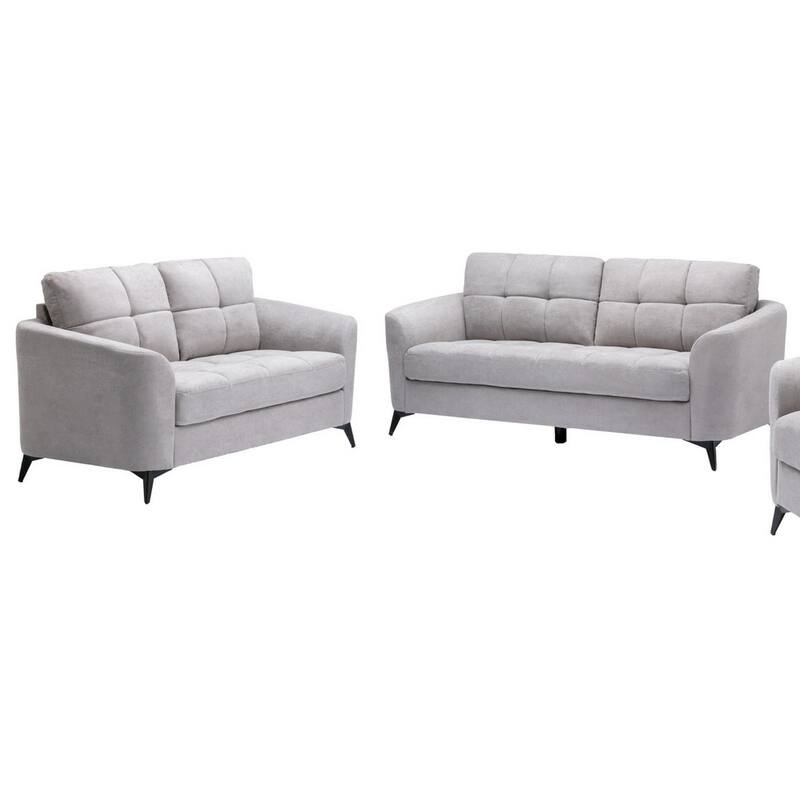 Odin 2 Piece Sofa and Loveseat Set, Tufted Cushions, Light Gray Linen Upholstery