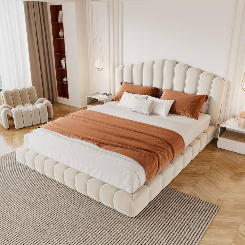 Upholstered Velvet Fabric Floor Bed Platform Bed