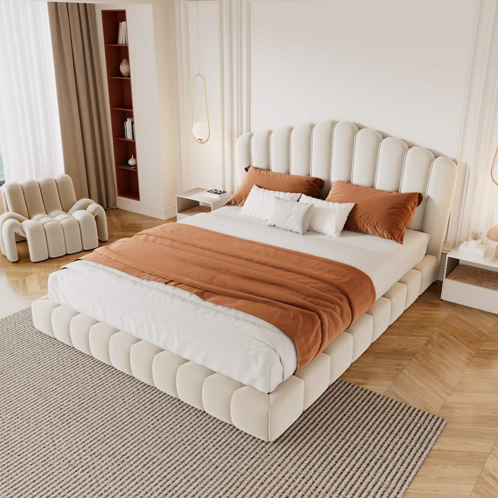 Velvet Upholstered Queen Bed Frame Floor Bed Shell-Shaped Headboard Wingback Frame Bed, No Box Spring Needed