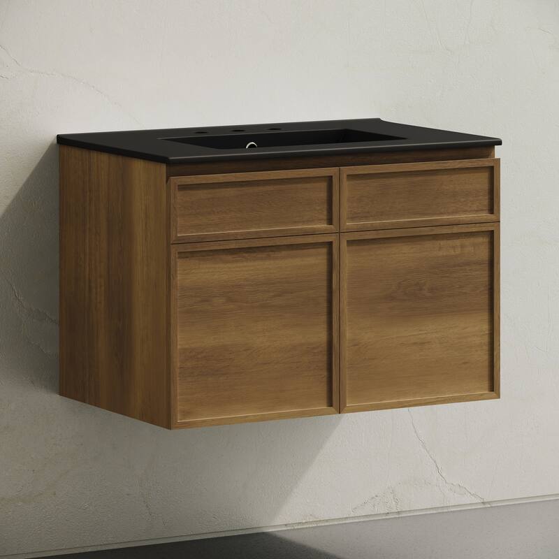 St. Tropez 30" Wall-Mounted Bathroom Vanity In Brown Oak With Black 3-Hole Widespread Sink Top - 30