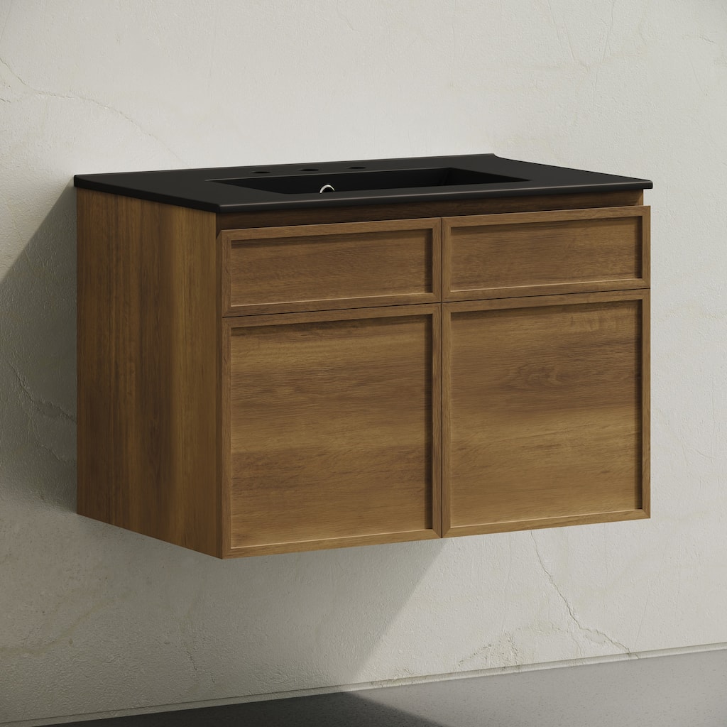 St. Tropez 30" Wall-Mounted Bathroom Vanity In Brown Oak With Black 3-Hole Widespread Sink Top - 30