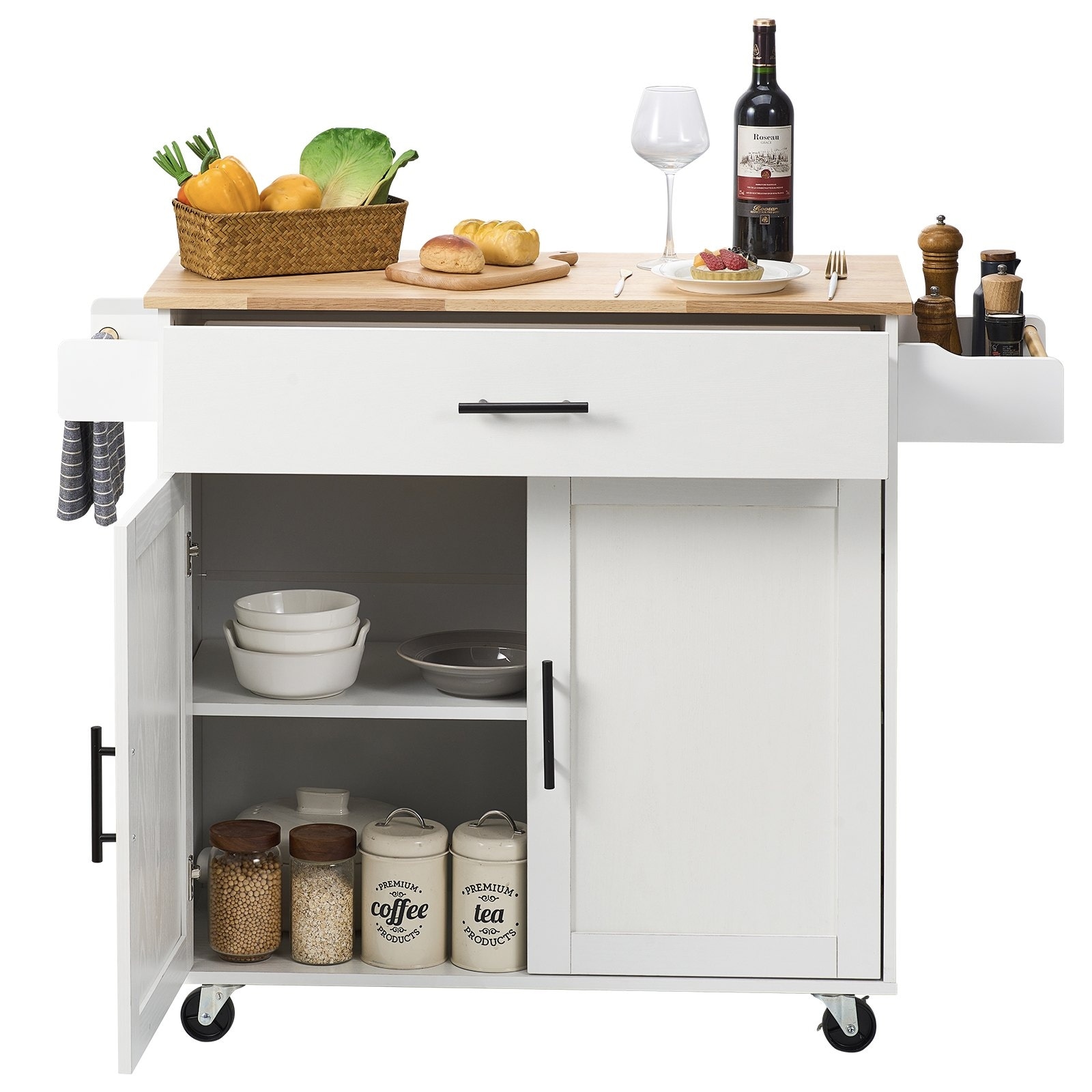 35.4" Width Kitchen Island Cart with Solid Wood Top Mobile Carts with Storage Cabinet