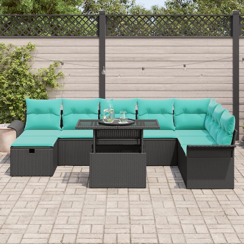 vidaXL 9 Garden Sofa Set with Cushions Black/Brown/Grey Poly Rattan - 117.1 x 73.8 x 27.2