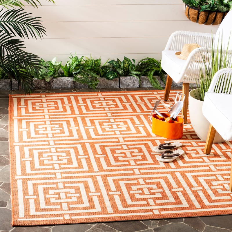 SAFAVIEH Courtyard Ginger Indoor/ Outdoor Waterproof Patio Backyard Rug - 4' x 5'7" - Terracotta/Cream
