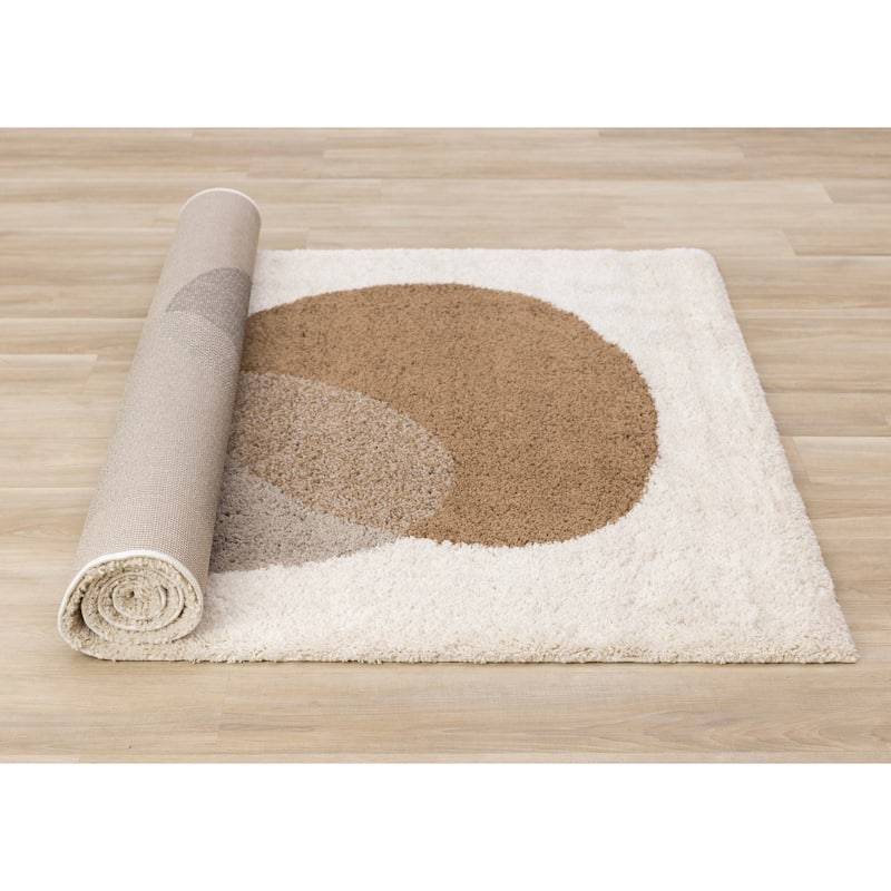 Cream Brown Grey Geometric Stones Soft Shag Area Rug, 5'3" x 7'7"