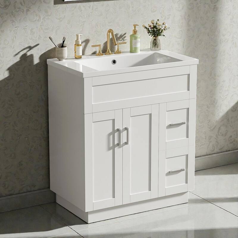 30" Bathroom Vanity with 2 Doors & 2 Drawers, Adjustable Shelf, Soft-Close Hinges and Damped Drawer Slides - White - Left Door