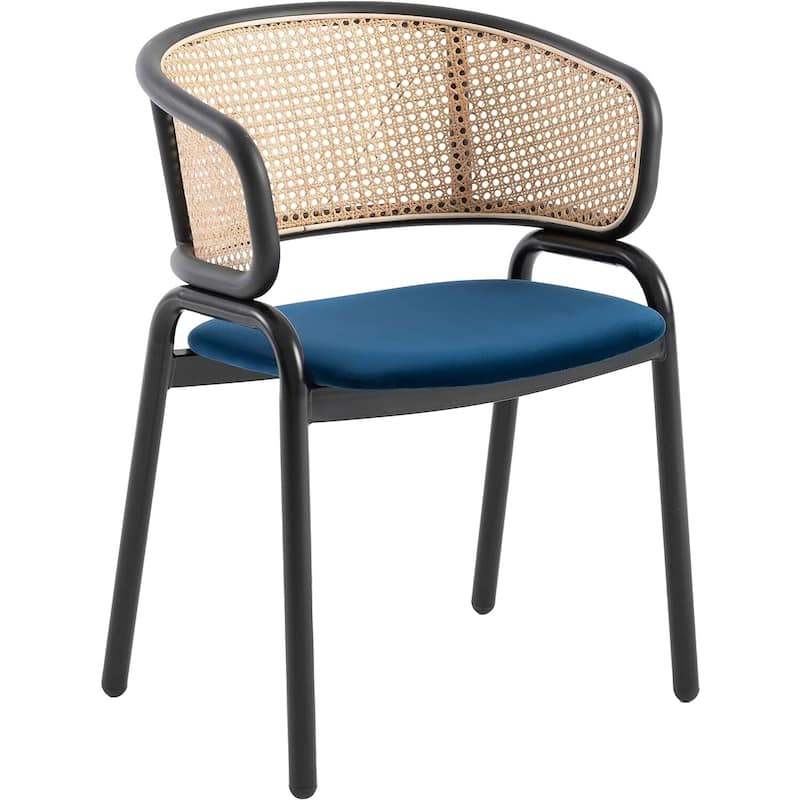 Mid Century Modern Arm Chairs - Velvet Seat & Wicker Back - Dining Room Accent Chairs - Set of 2 - Navy Blue