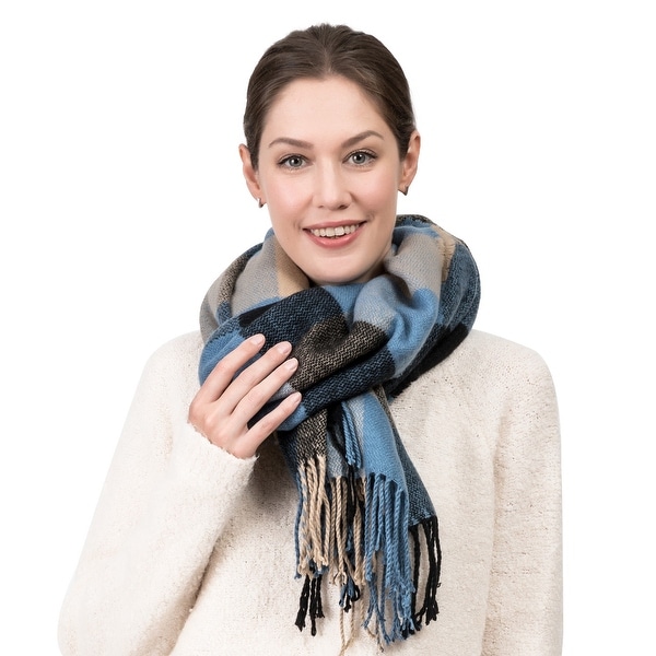 Glitzhome 71"L Gray Blue and Beige Plaid Scarf with Tassels. Opens flyout.
