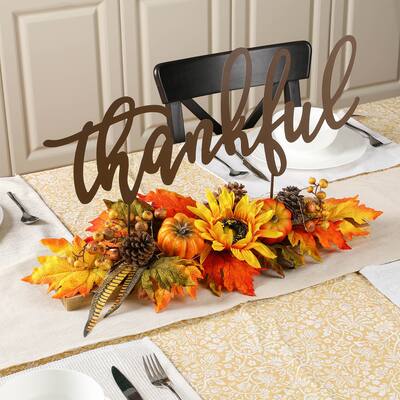 Glitzhome 24"L LED Lighted Metal Thankful Floral Centerpiece Table Decor