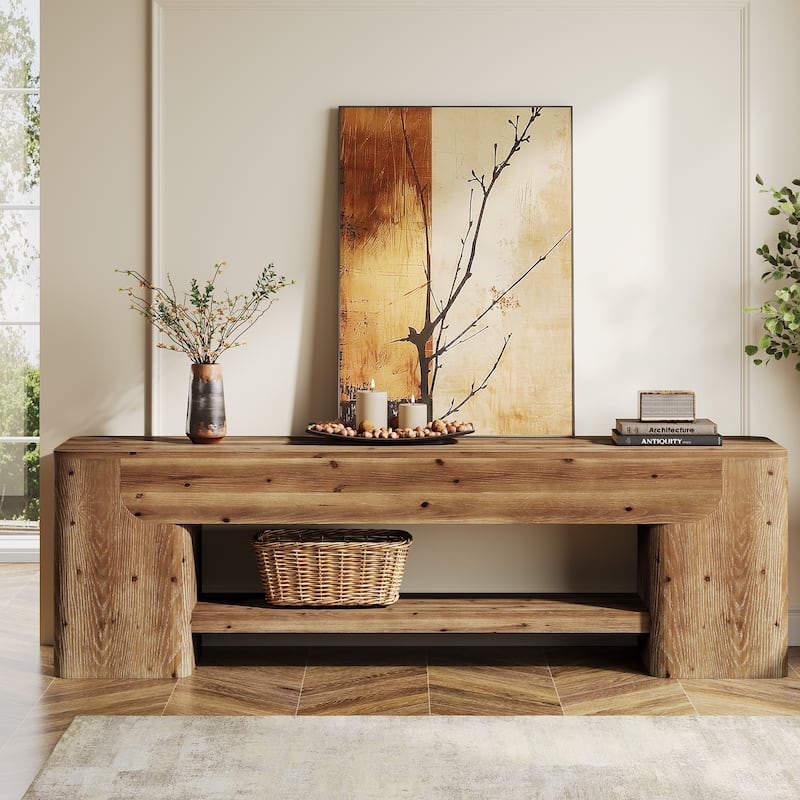 Solid Wood TV Stand for TVs up to 75 Inch, Entertainment Center with Open Storage Shelf, 63" TV Console for Living Room Bedroom