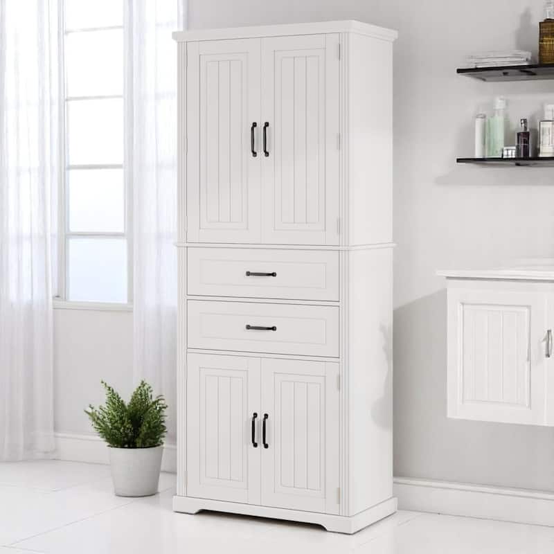 Multi-Functional Storage Cabinet with Doors and Drawers, Adjustable Shelf, Anti-Tip Design for Kitchen or Bathroom - White