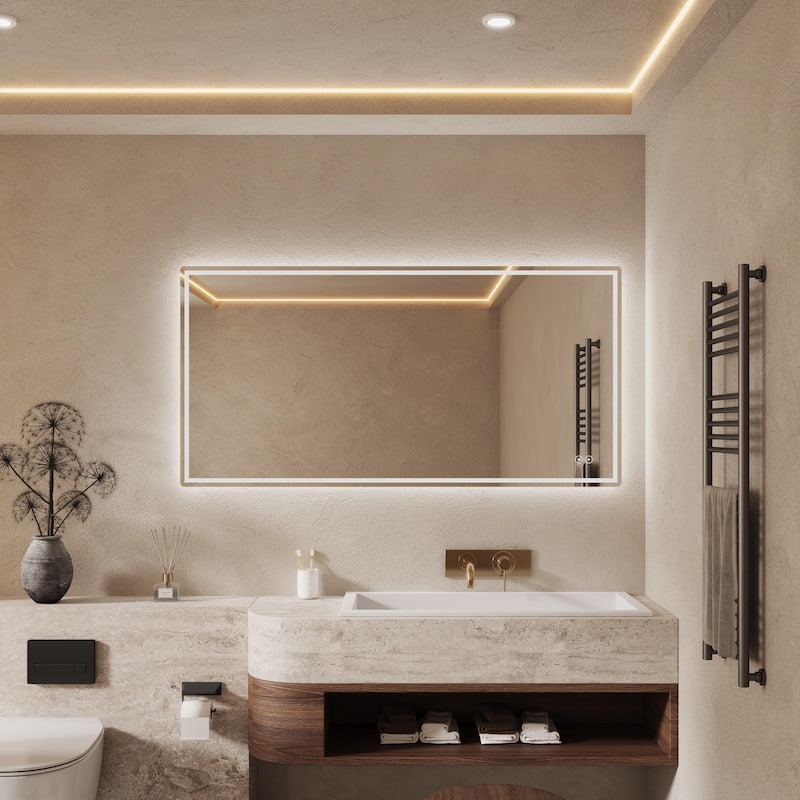 CB HOME LED Bathroom Mirror, Lighted Wall Mounted Mirror, Frameless Vanity Mirror, Anti-Fog, Dimmable,Three Color - 60''X30''