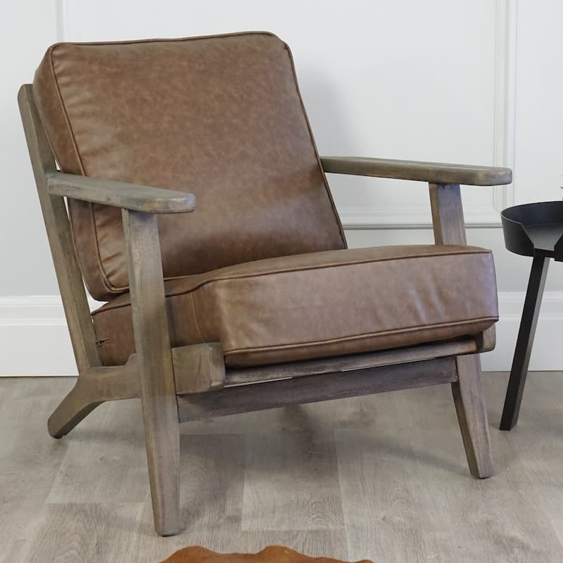 Clara Solid Oak Leather Accent Rustic Coastal Lounge Chair