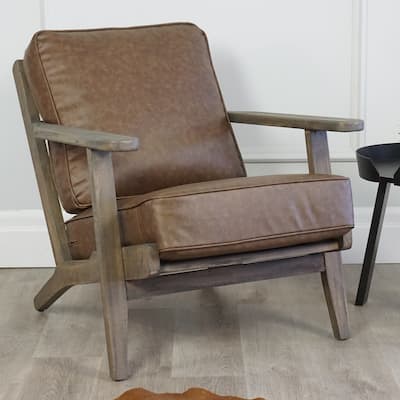 Clara Solid Oak Leather Accent Rustic Coastal Lounge Chair