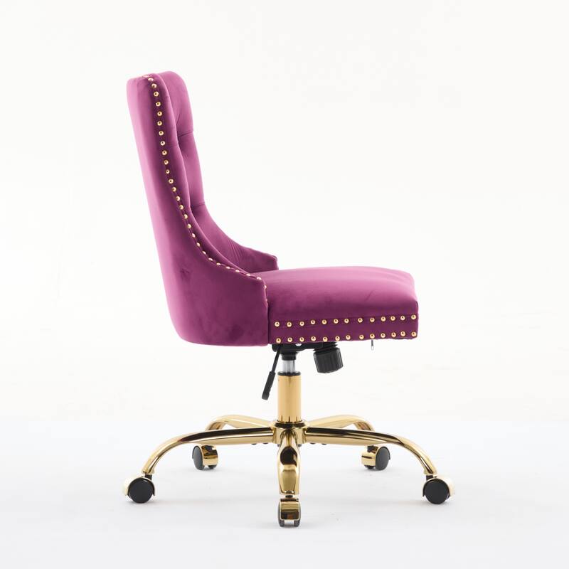 Velvet Swivel Office Chair with Wheels, Tufted Button Home Office Chair, Adjustable Vanity Chair with Metal Base