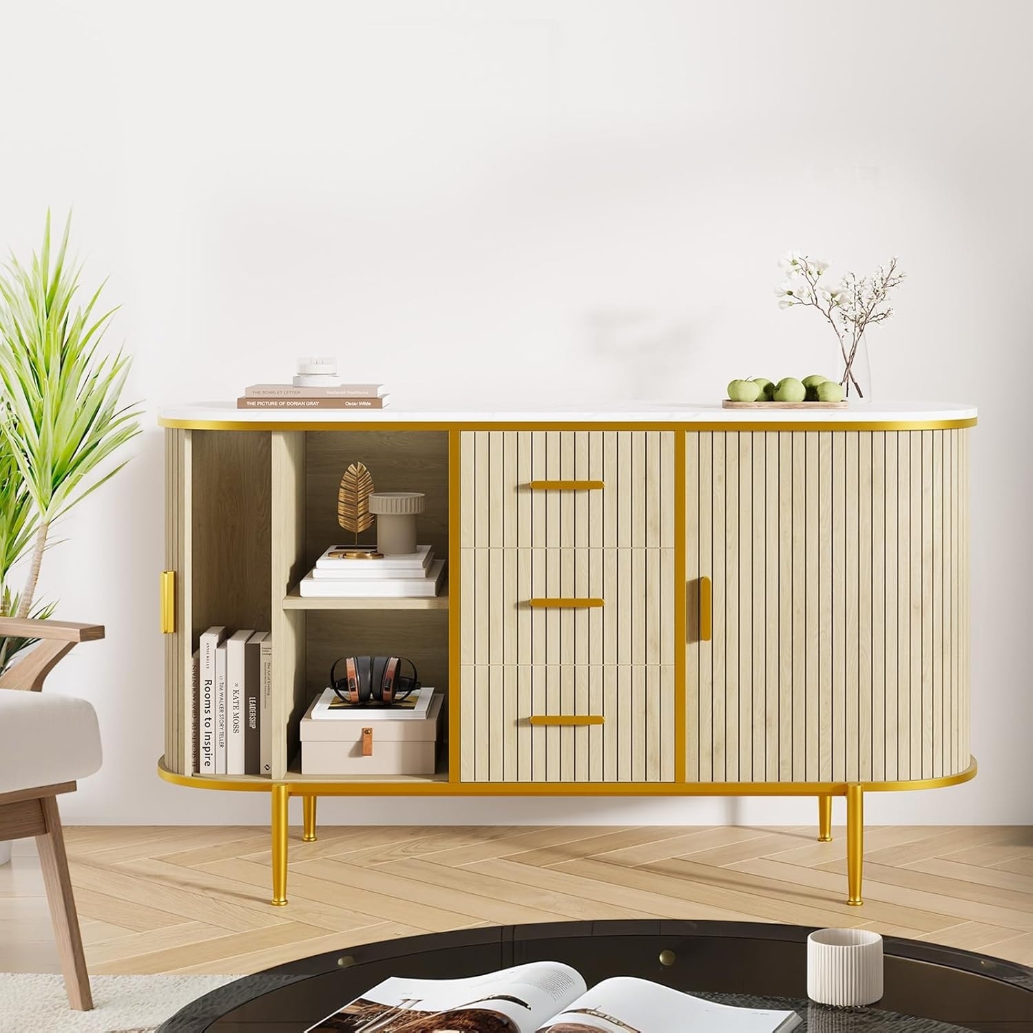 47" Sideboard Buffet Cabinet with Storage,Fluted Console Cabinet with Metal Legs & 3 Drawers