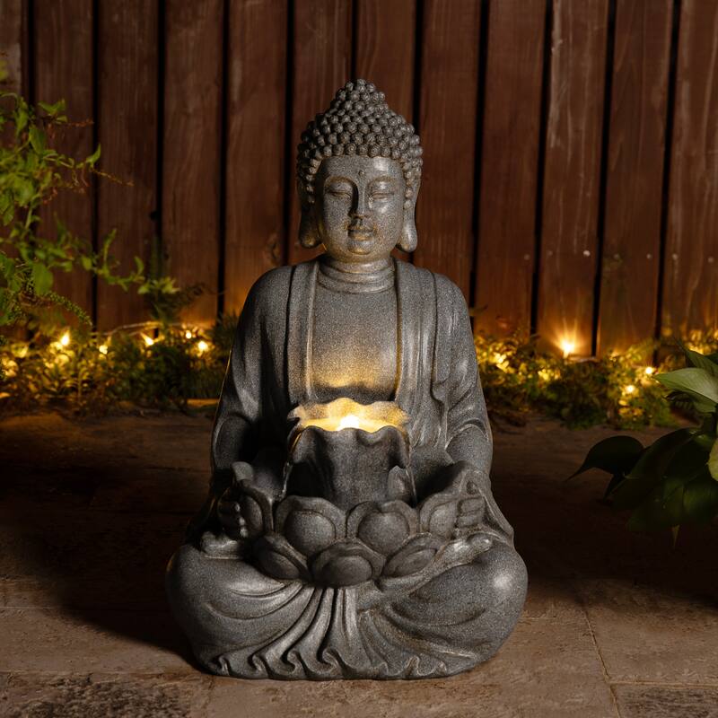 Glitzhome Polyresin Meditating Buddha Frog/Elephant Statue Outdoor Water Fountain with LED Lights