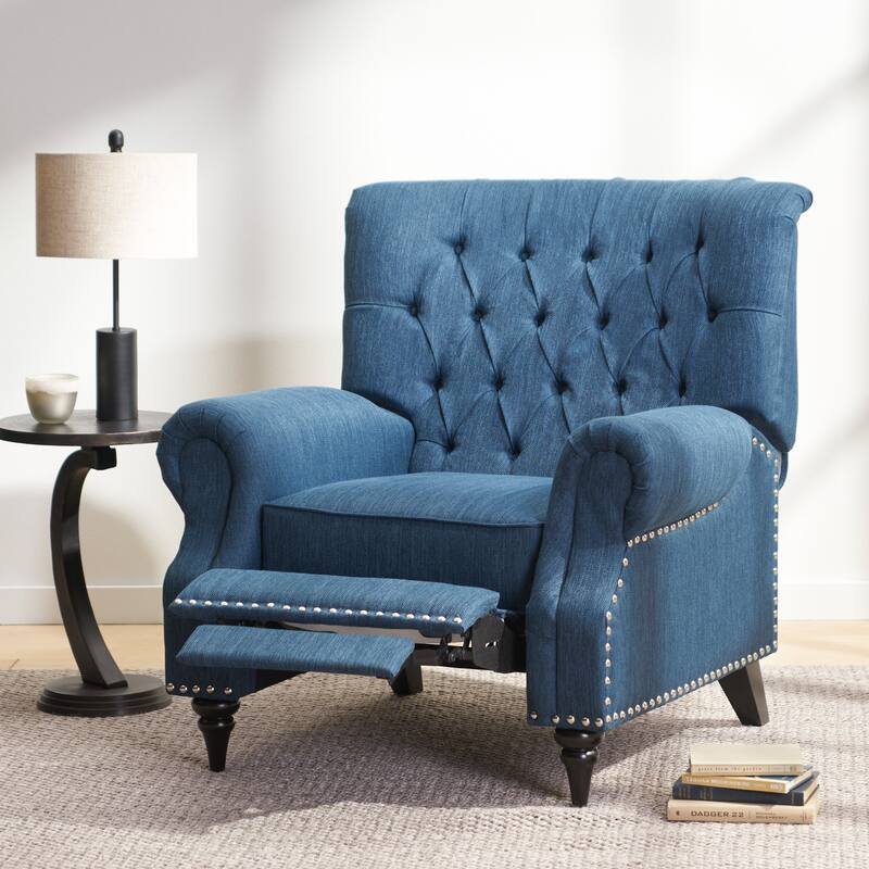 Classic Curled Arm Single Sofa Chair, Tufted Wide Back Recliner with Retractable Footrest Accent Chair with Rivet Trim&Wood Legs