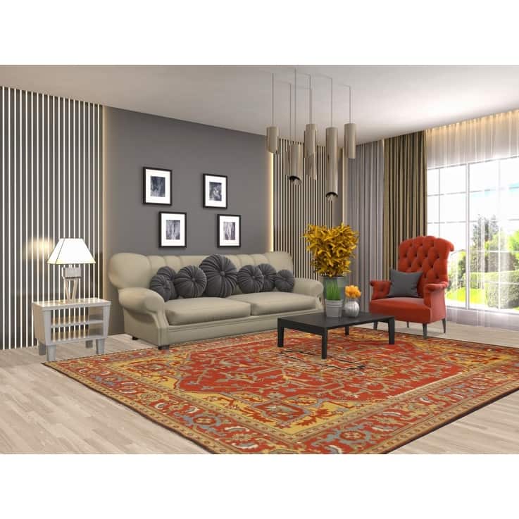 Hand Knotted Oriental 100% Wool Carpet Traditional Medallion Oranges & Rust Heriz (serapi) Area Rug - 9' 9'' X 7' 9''