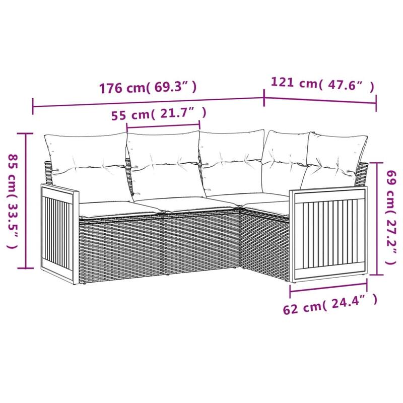 vidaXL 4/5 Piece Patio Sofa Set with Cushions Black/Gray Poly Rattan - 24.4 x 24.4 x 27.2
