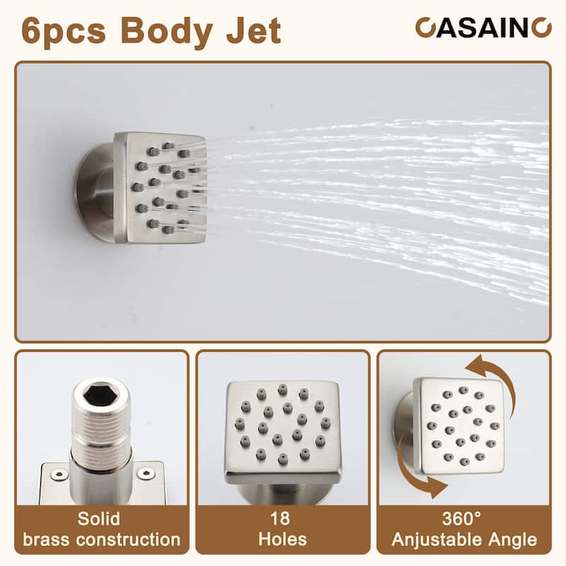 Luxury Thermostatic Shower System 3-Spray Patterns Wall Mount Fixed Shower Head and Handheld Spray with 6 Body Jets - 12" x 12"