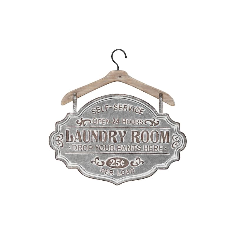 Metal Sign Laundry Room Wall Decor with Brown Wood Hanger - Gray - Roche River Decor