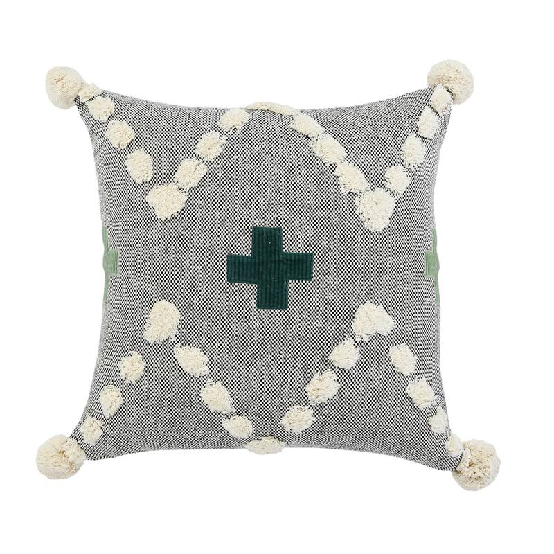 Hand-Stitched Swiss Cross Cotton Throw Pillow Cover - 20" - Gray and Green