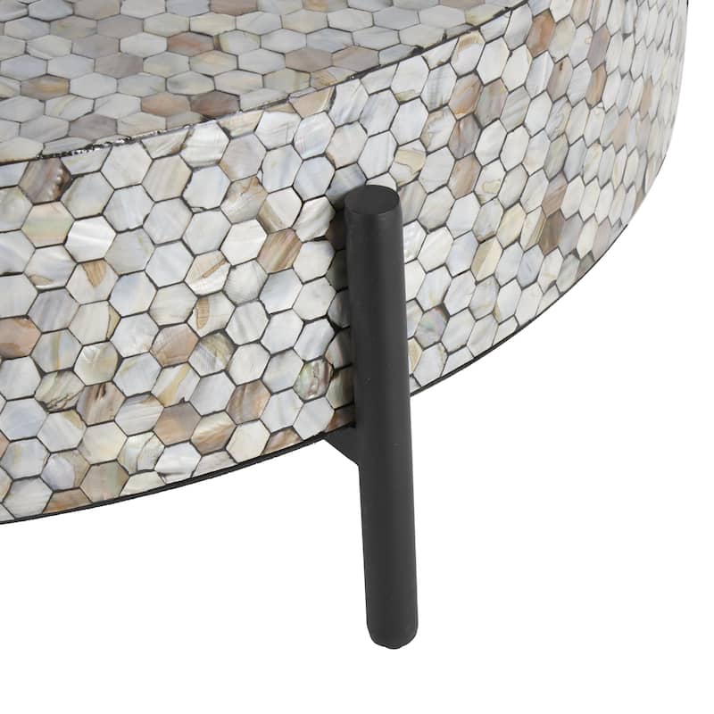 Mother of Pearl Shell Geometric Handmade Round Mosaic Inlay Coffee Table with Black Metal Legs - Roche River Decor