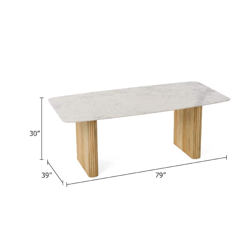 Cid Jolie Dining Table, Fluted Brown Wood, 79 Inch Carrara Marble Top - Brown, White