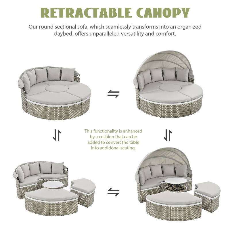 Outdoor Round Sectional Sofa Set, Patio Rattan Daybed with Retractable Canopy, Separate Seating