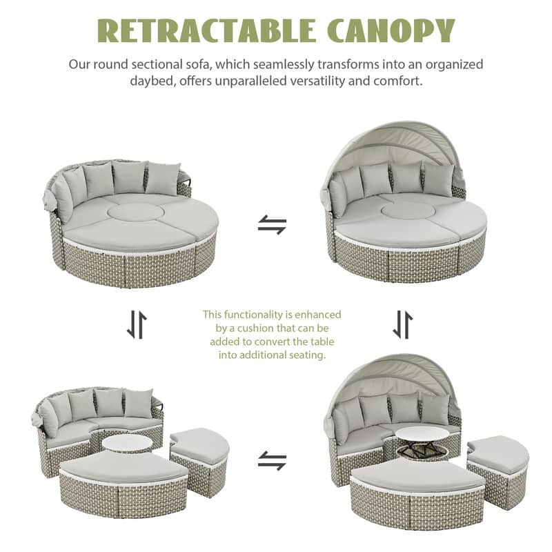 Round Patio Sectional Sofa Set – Two-Tone Rattan Daybed with Retractable Canopy & Modular Seating‌