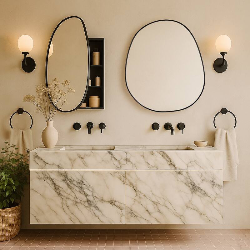 TEHOME Black Surface-Mount Bathroom Medicine Cabinet – Mirror, Irregular Glass, Adjustable Shelves, Fully Assembled - 24" x 28" - 24" x 28"