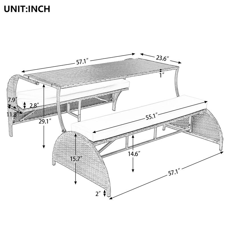 Multi-Functional Outdoor Patio Rattan Loveseat Sofa, Convertible 4-Seats Dining Set